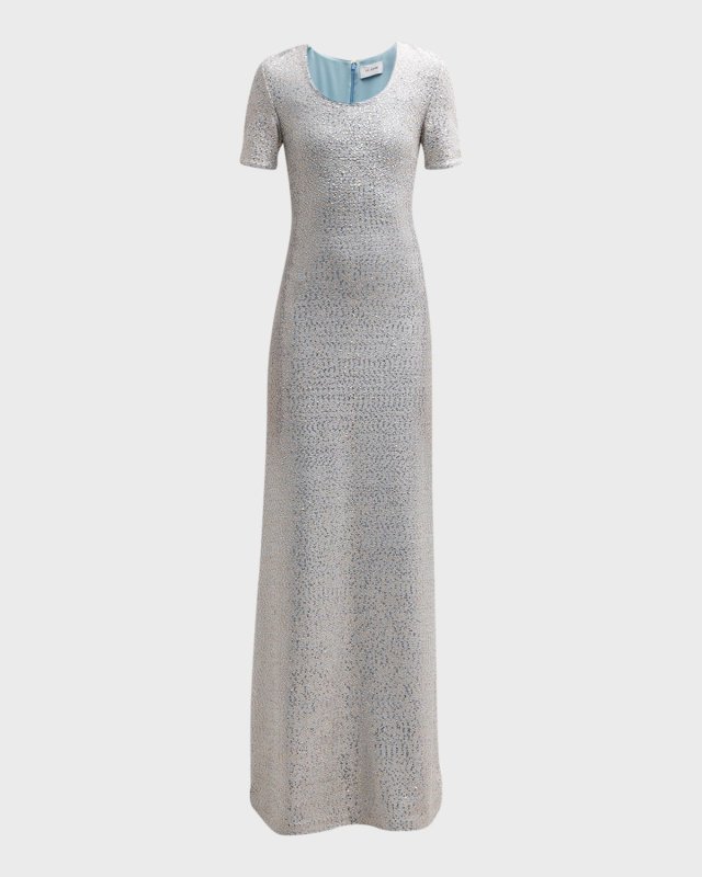 Sequin Knit Short-Sleeve Gown